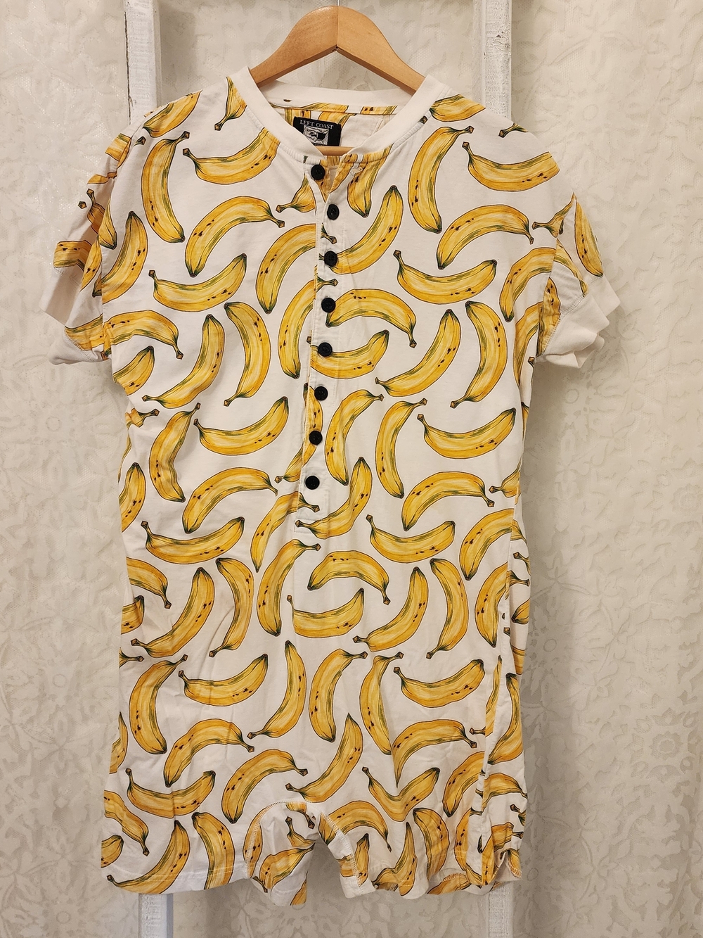 Left Coast Banana Print Button Romper Pajama - Yellow on White